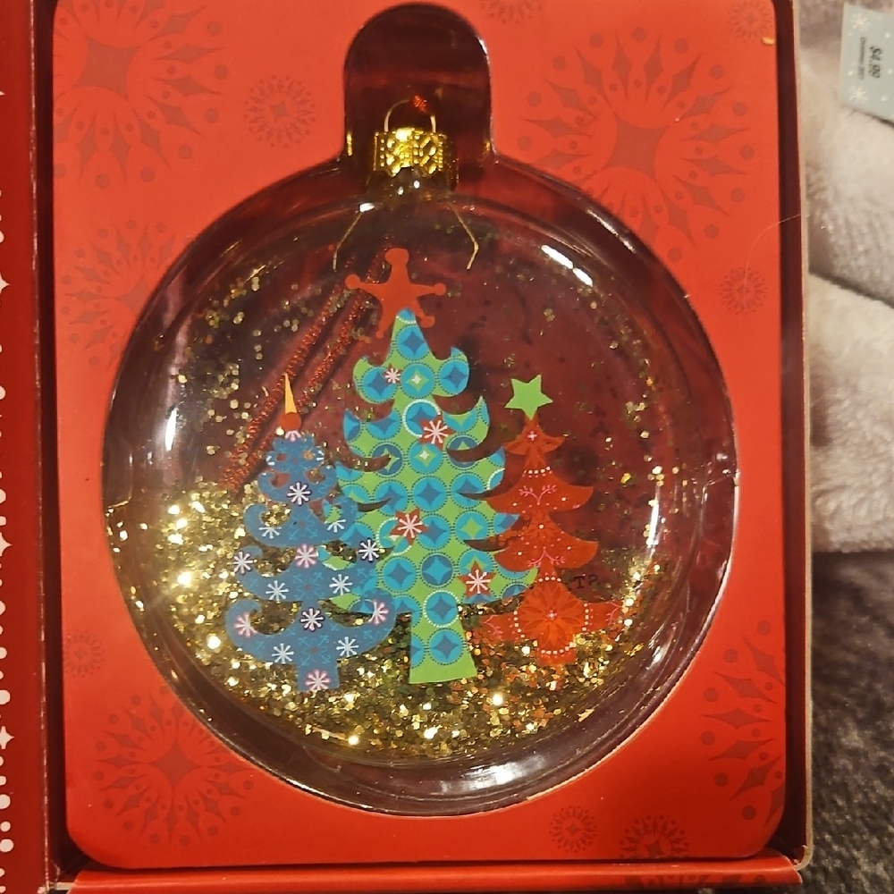 Festive Starbucks Ornament with Gold Glitter and Colorful Trees